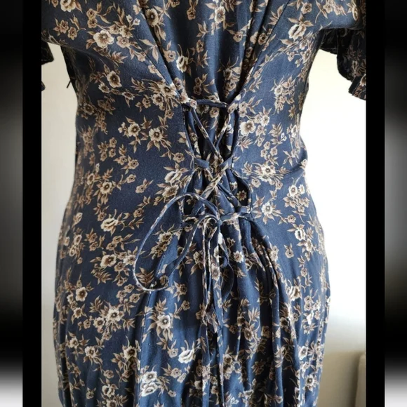 #81 Vintage All That Jazz Women's 90s Retro Blue Floral Maxi Long Dress Size M - Picture 7 of 8